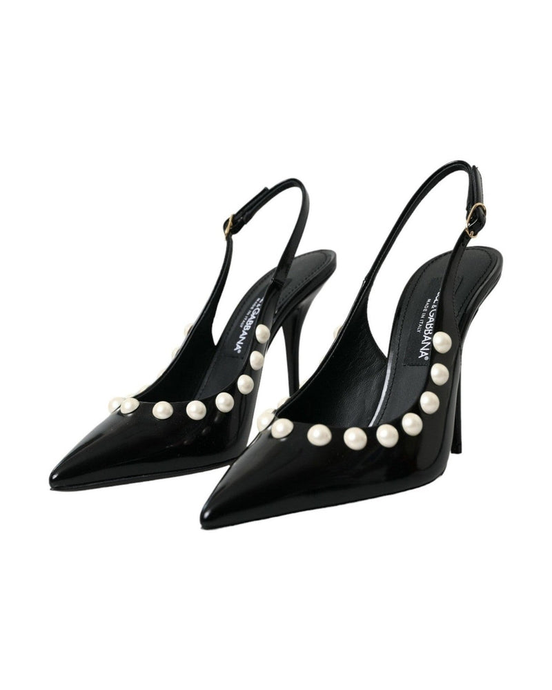 Dolce & Gabbana Black Leather Faux Pearl Heel Slingback Shoes Glam Steals
