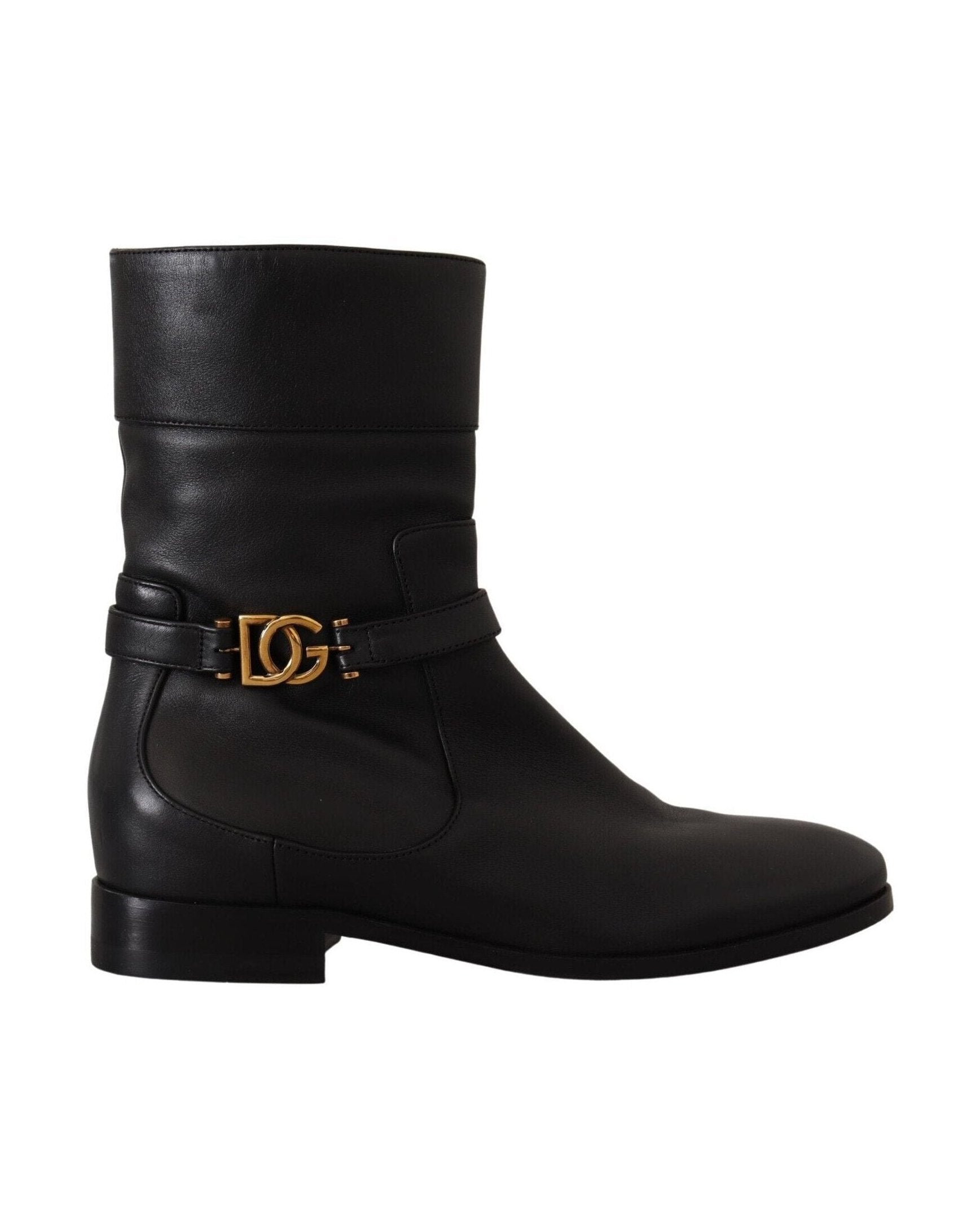 Dolce & Gabbana Black Leather Flats Logo Short Boots Boots
