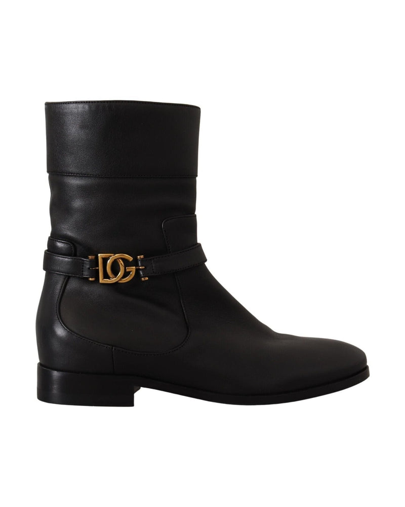 Dolce & Gabbana Black Leather Flats Logo Short Boots Glam Steals