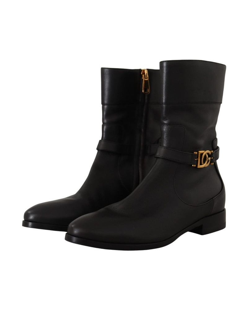 Dolce & Gabbana Black Leather Flats Logo Short Boots Glam Steals