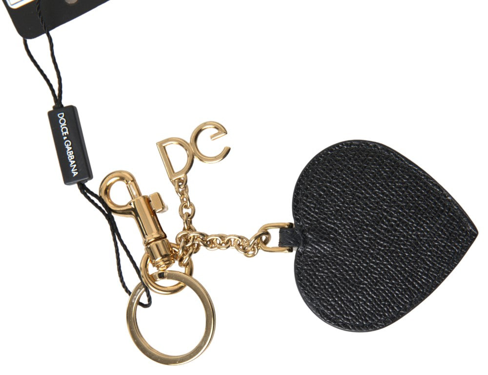 Dolce & Gabbana Black Leather Fuchsia Heart Gold Metal Keyring Keychain Glam Steals