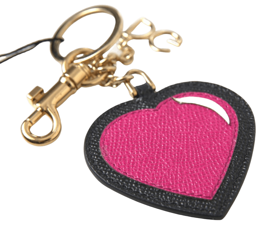Dolce & Gabbana Black Leather Fuchsia Heart Gold Metal Keyring Keychain Glam Steals