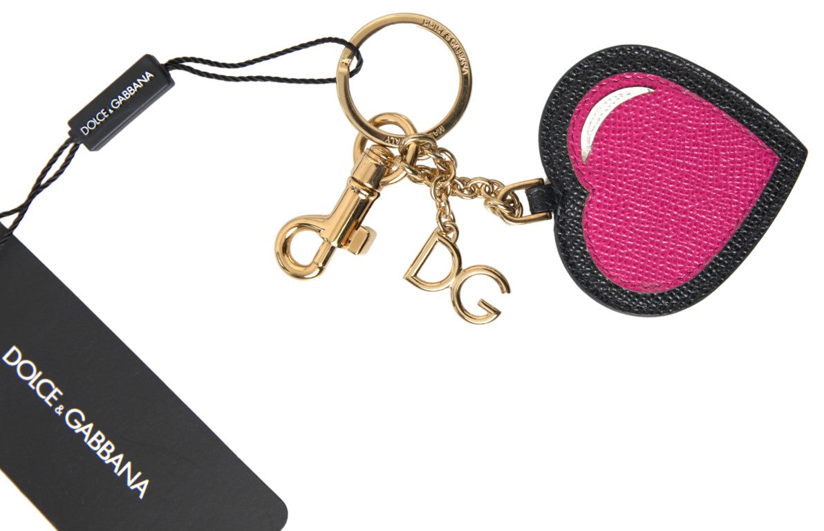 Dolce & Gabbana Black Leather Fuchsia Heart Gold Metal Keyring Keychain Glam Steals
