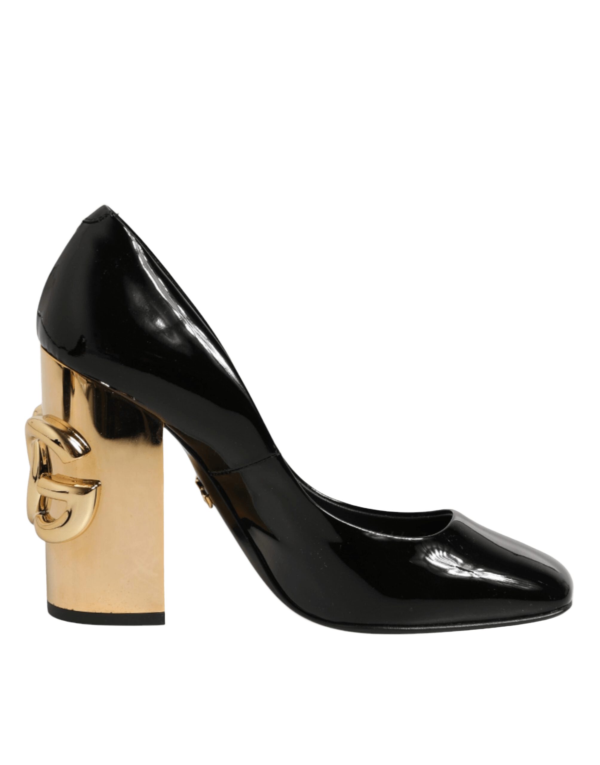 Dolce & Gabbana Black Leather Gold Patent Logo Heels Pumps Shoes Glam Steals