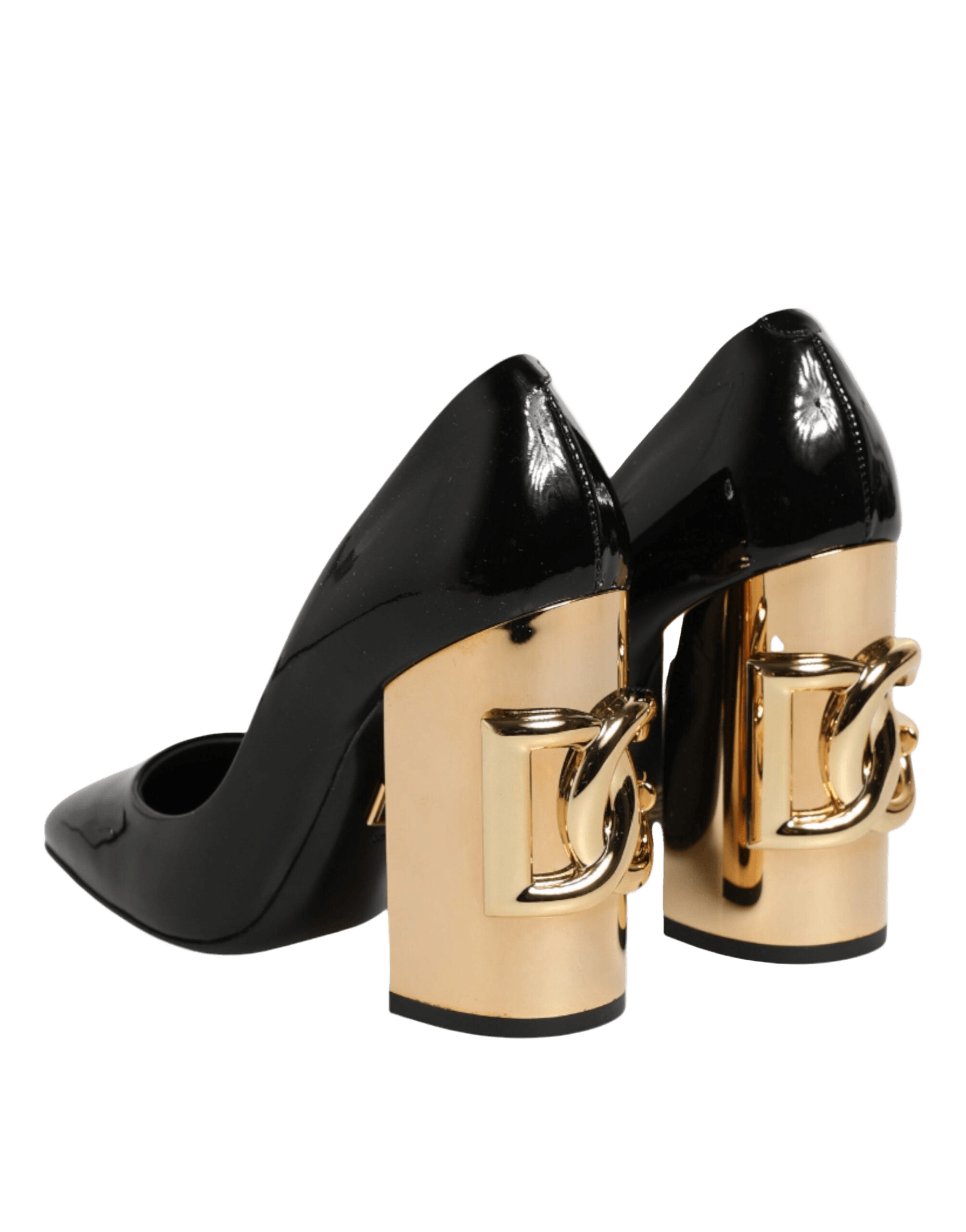 Dolce & Gabbana Black Leather Gold Patent Logo Heels Pumps Shoes Glam Steals