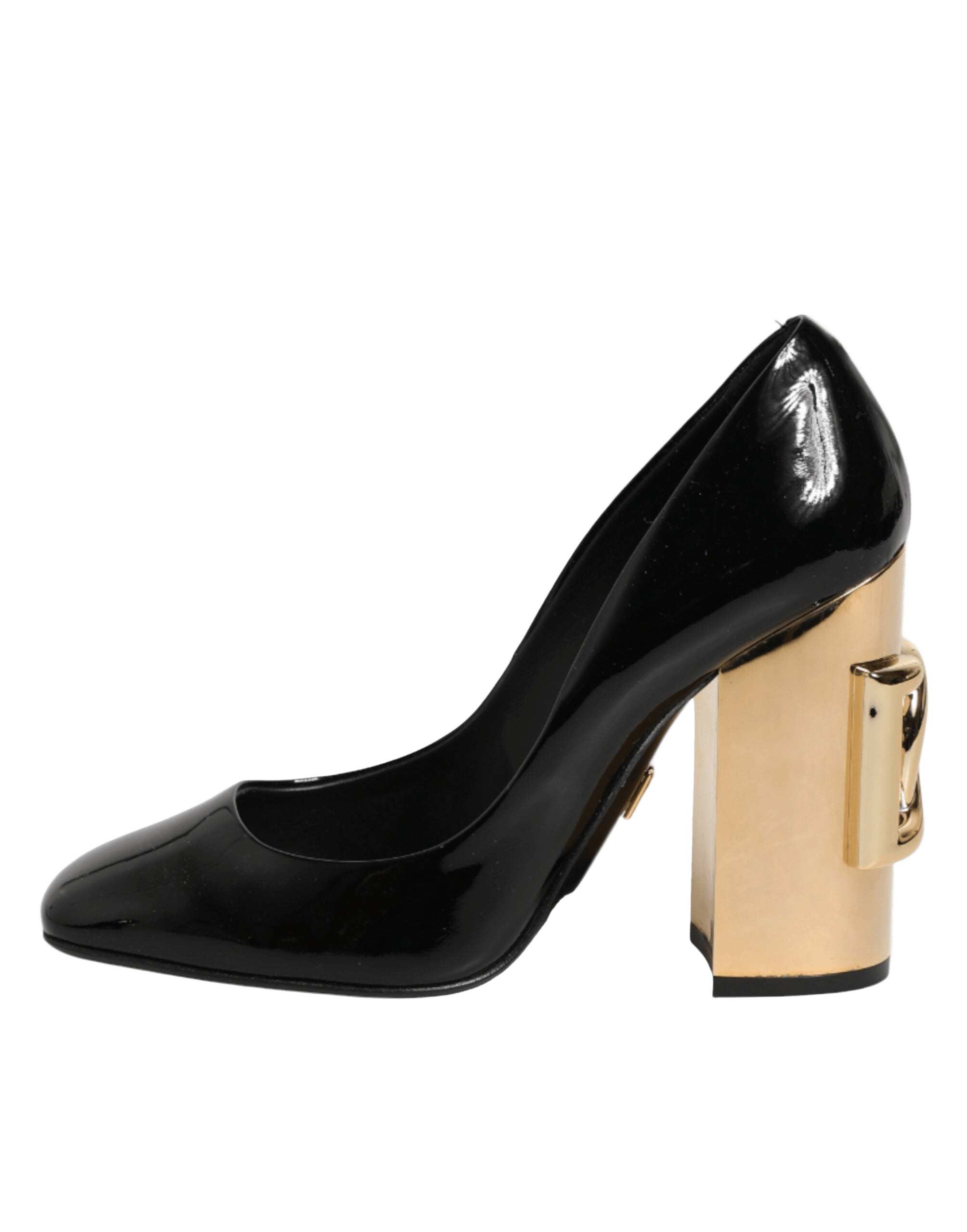 Dolce & Gabbana Black Leather Gold Patent Logo Heels Pumps Shoes Glam Steals