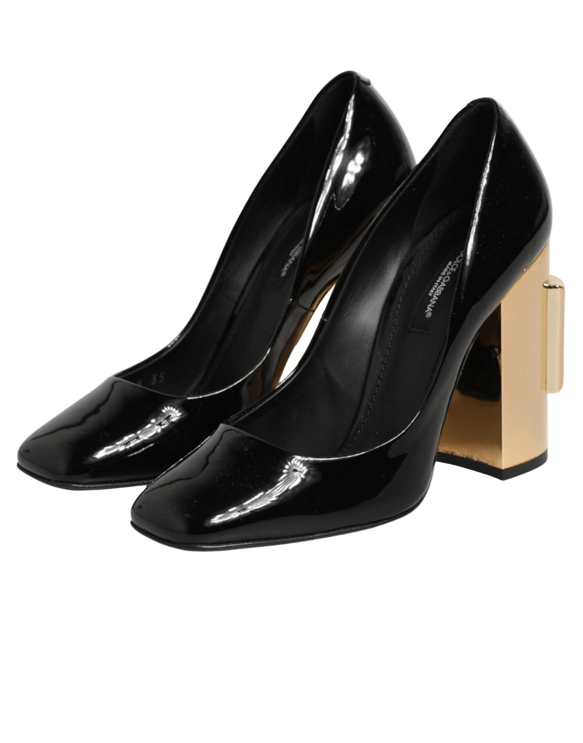 Dolce & Gabbana Black Leather Gold Patent Logo Heels Pumps Shoes Glam Steals