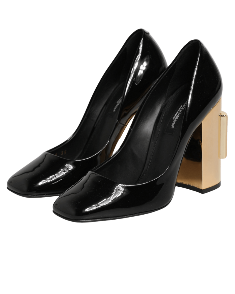 Dolce & Gabbana Black Leather Gold Patent Logo Heels Pumps Shoes Glam Steals
