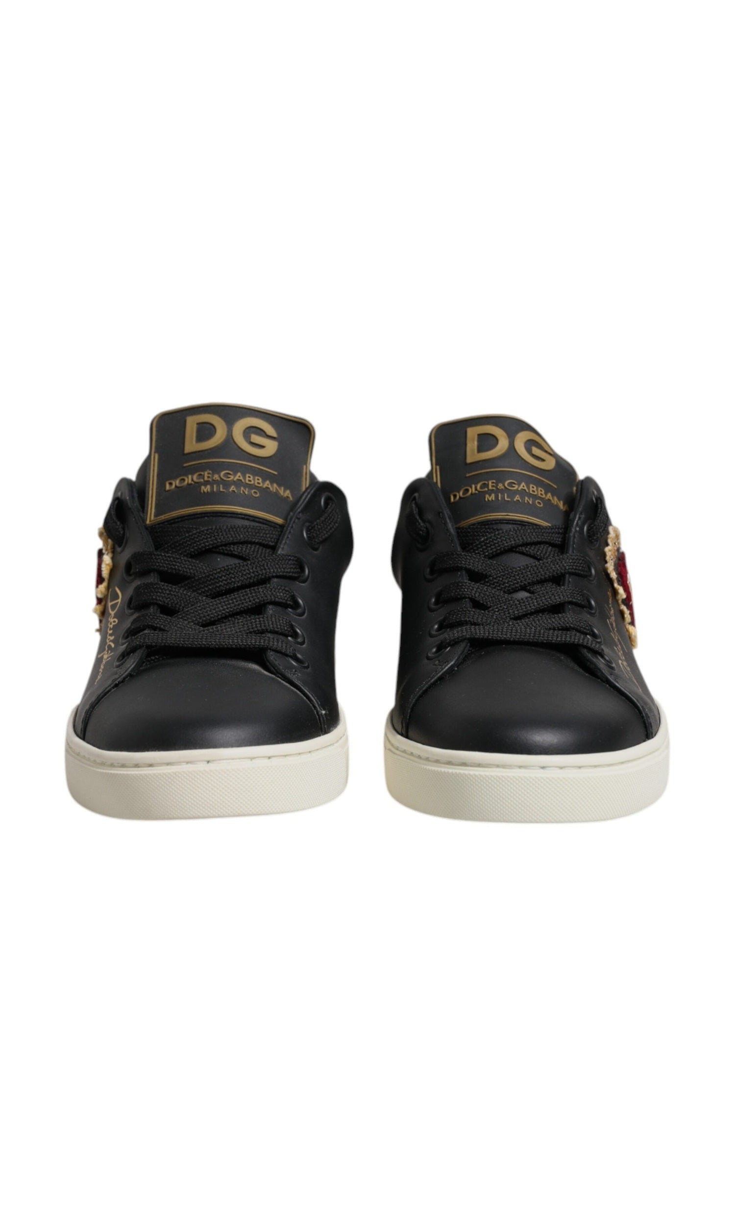 Dolce & Gabbana Black Leather Gold Red Heart Sneakers Shoes Glam Steals