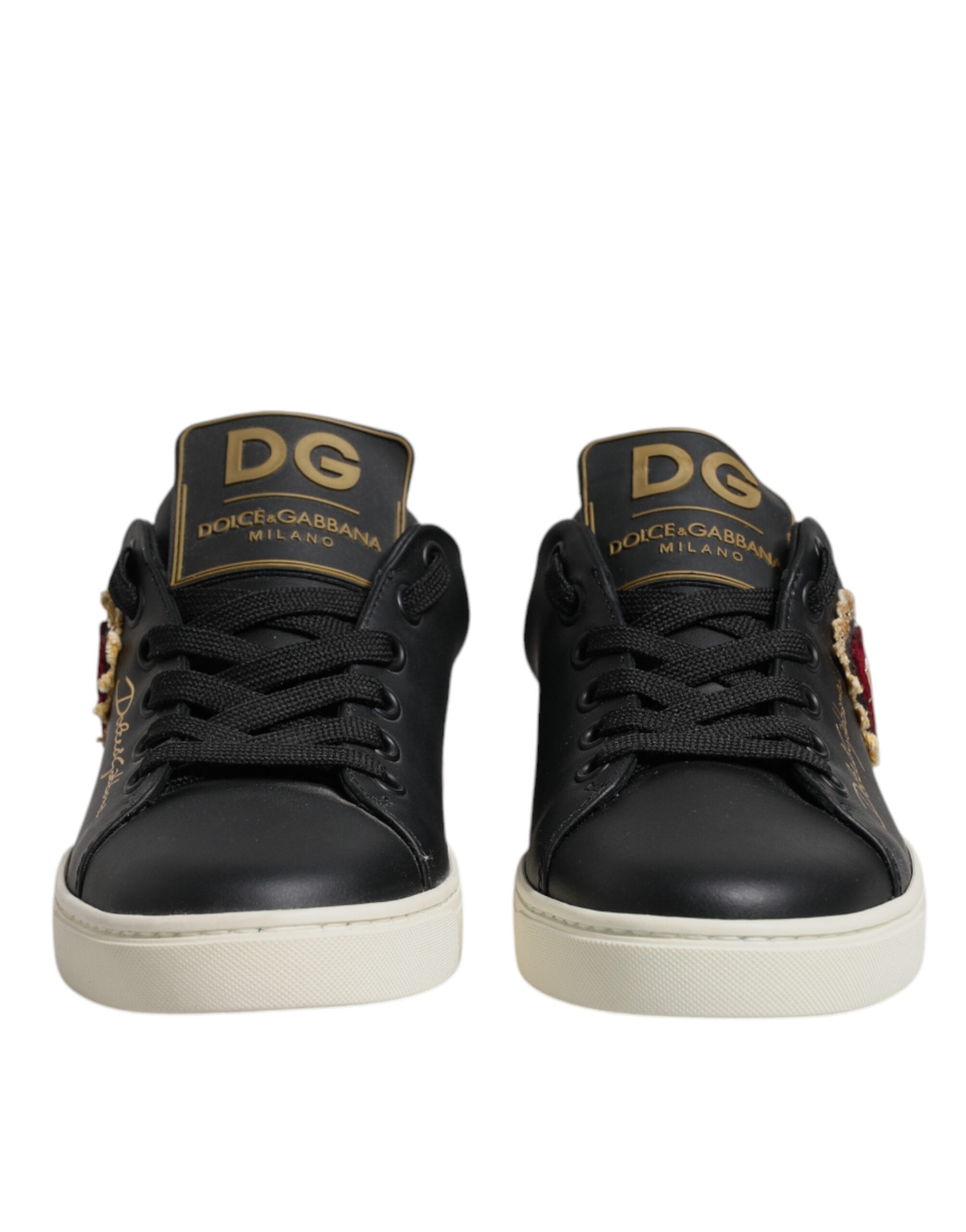 Dolce & Gabbana Black Leather Gold Red Heart Sneakers Shoes Glam Steals