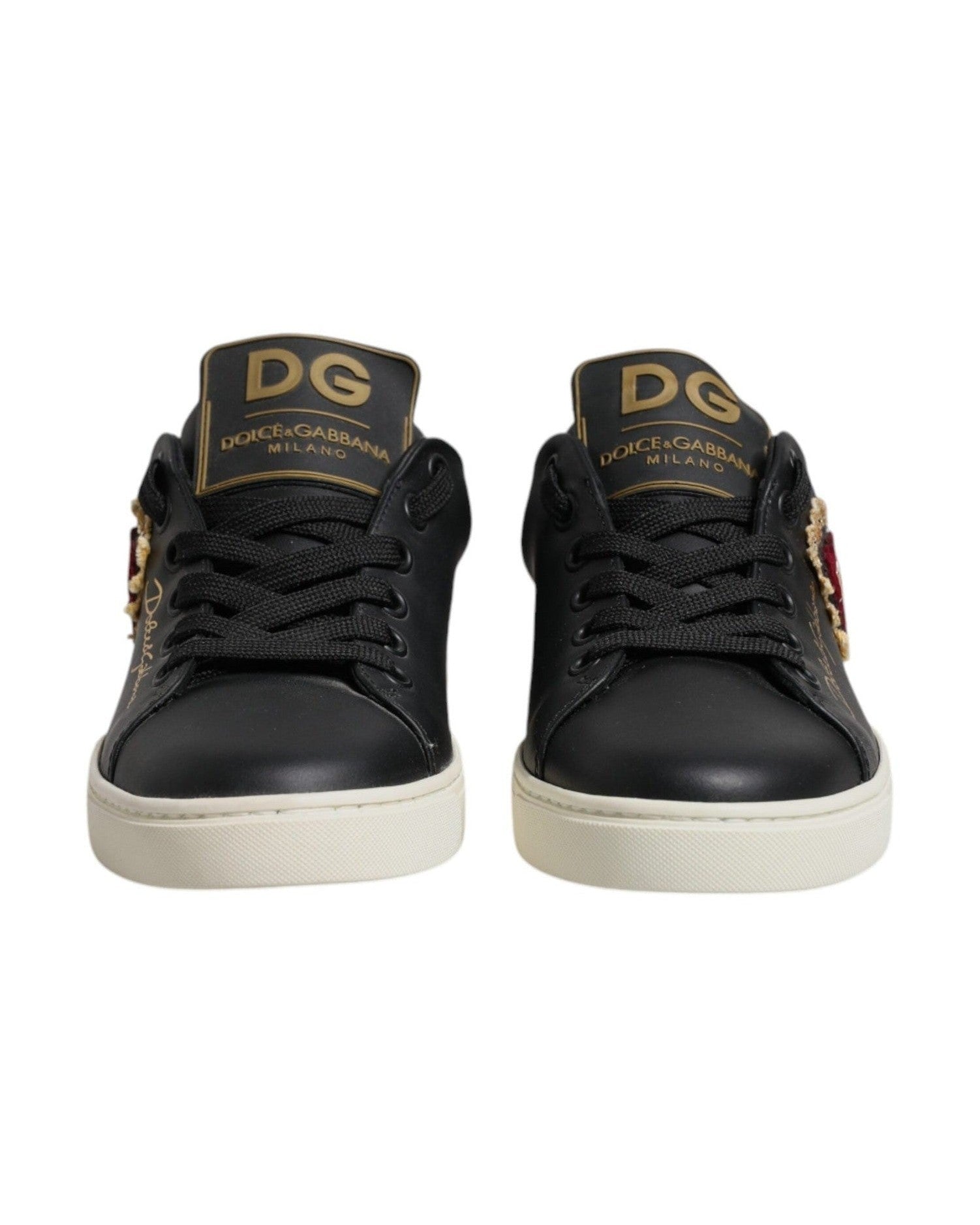 Dolce & Gabbana Black Leather Gold Red Heart Sneakers Shoes Glam Steals