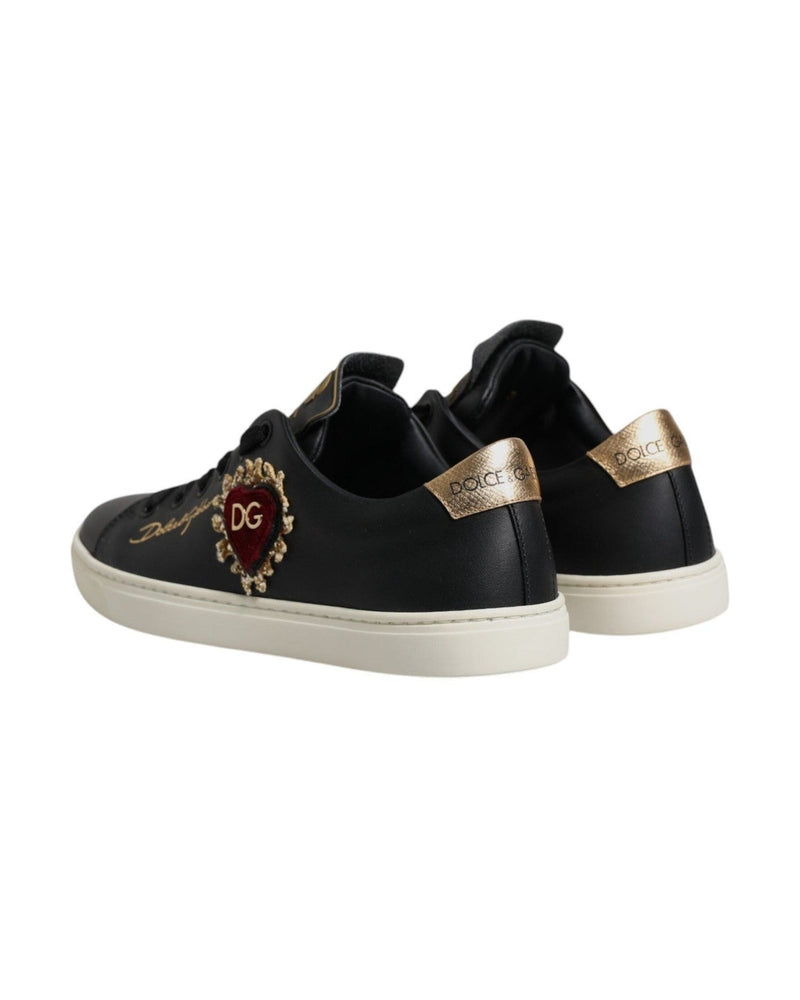 Dolce & Gabbana Black Leather Gold Red Heart Sneakers Shoes Glam Steals