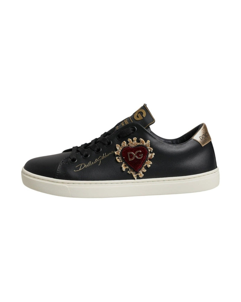 Dolce & Gabbana Black Leather Gold Red Heart Sneakers Shoes Glam Steals