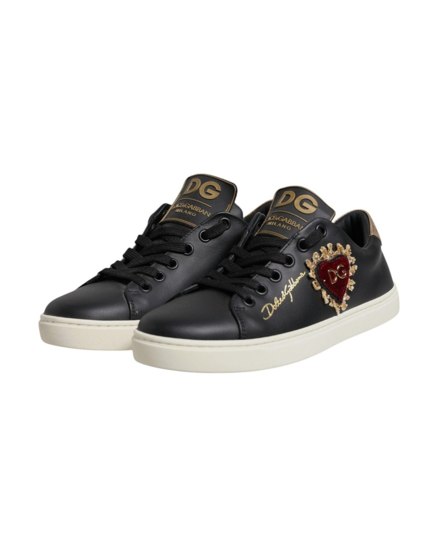 Dolce & Gabbana Black Leather Gold Red Heart Sneakers Shoes Glam Steals