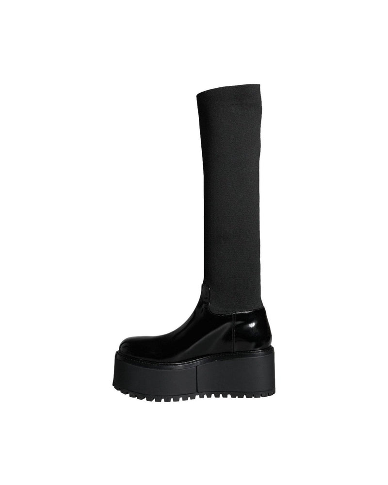 Dolce & Gabbana Black Leather Jersey Knee High Boots Shoes Boots
