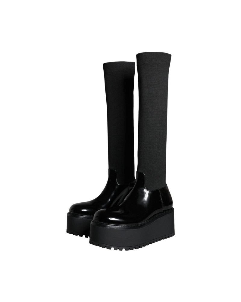 Dolce & Gabbana Black Leather Jersey Knee High Boots Shoes Boots