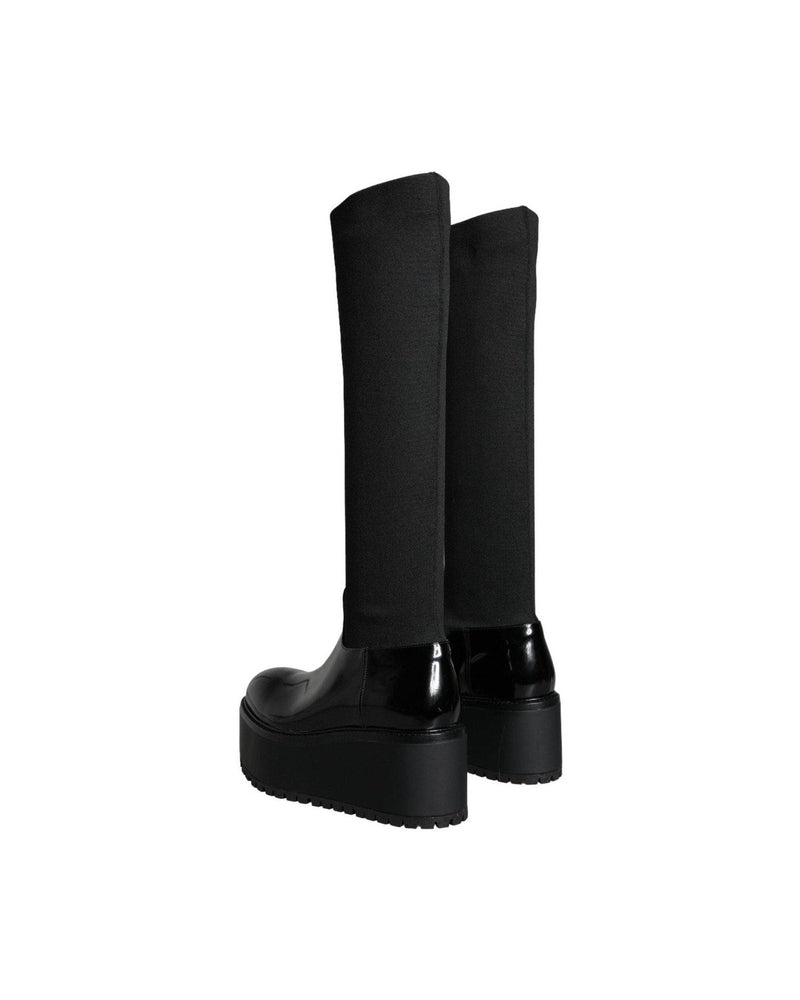 Dolce & Gabbana Black Leather Jersey Knee High Boots Shoes Boots