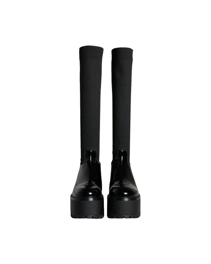 Dolce & Gabbana Black Leather Jersey Knee High Boots Shoes Glam Steals