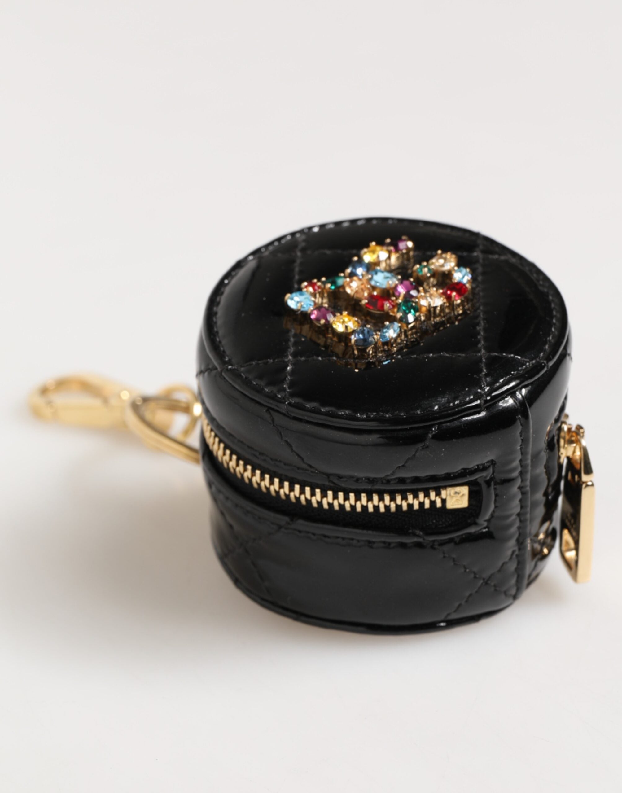 Dolce & Gabbana Black Leather Lamb Dg Crystal Logo Round Coin Purse Wallet Glam Steals