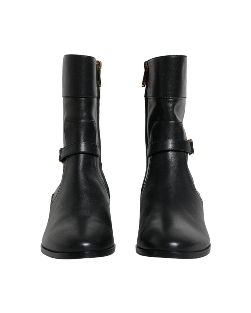 Dolce & Gabbana Black Leather Logo Mid Calf Boots Shoes Boots