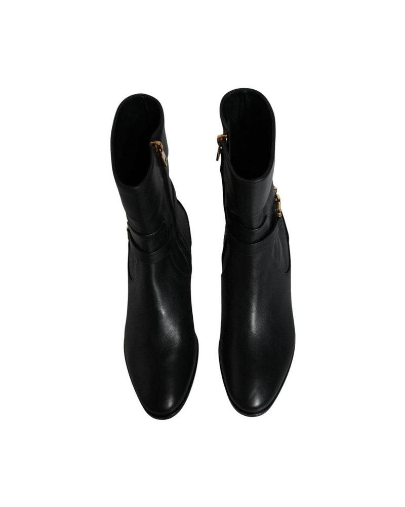 Dolce & Gabbana Black Leather Logo Mid Calf Boots Shoes Boots