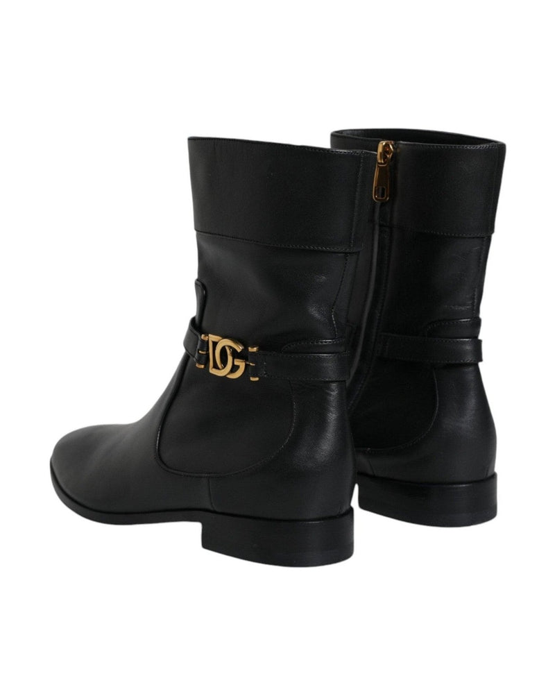 Dolce & Gabbana Black Leather Logo Mid Calf Boots Shoes Glam Steals
