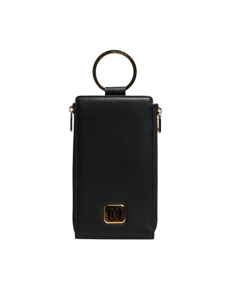 Dolce & Gabbana Leather Logo Plaque Neck Strap Card Coin Black Wallet Glam Steals