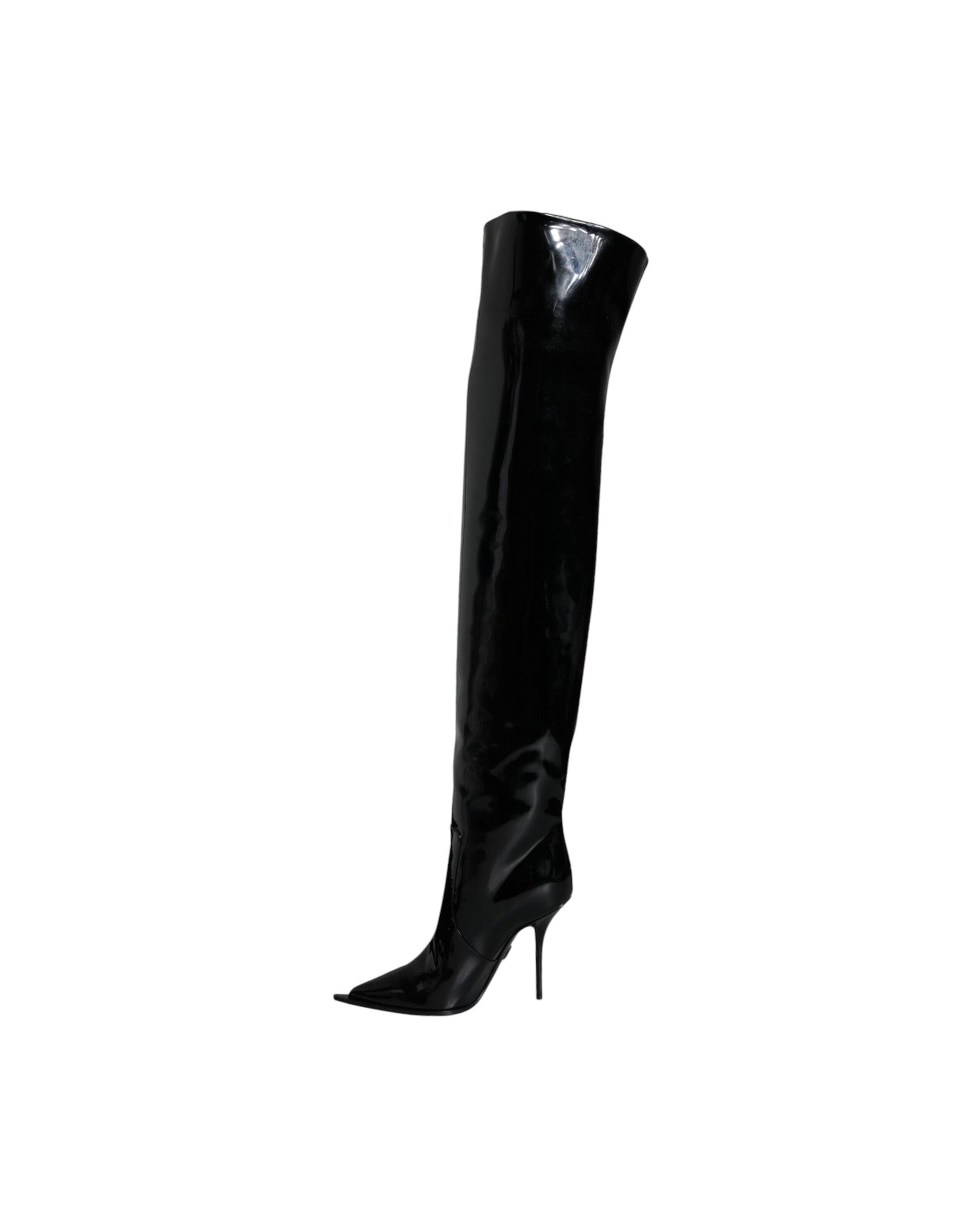 Dolce & Gabbana Black Leather Patent Knee High Boots Shoes Glam Steals