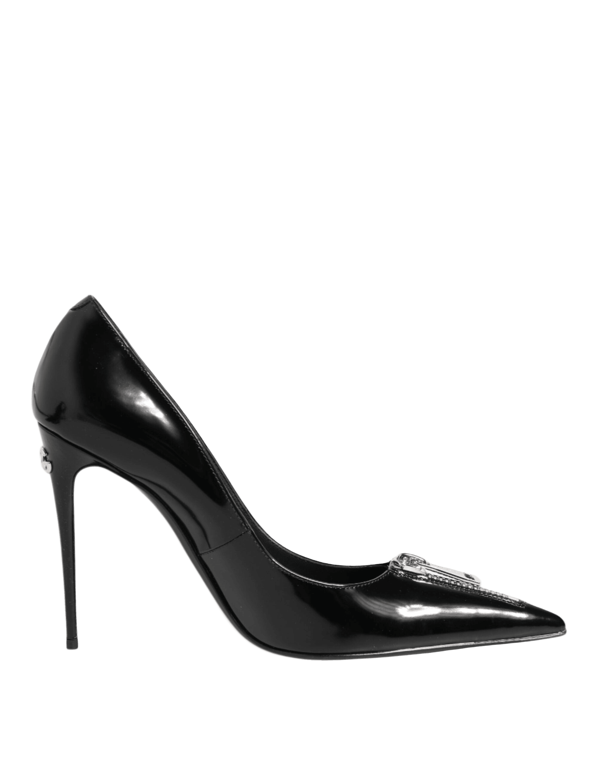 Dolce & Gabbana Black Leather Patent Zipper Heels Pumps Shoes Glam Steals