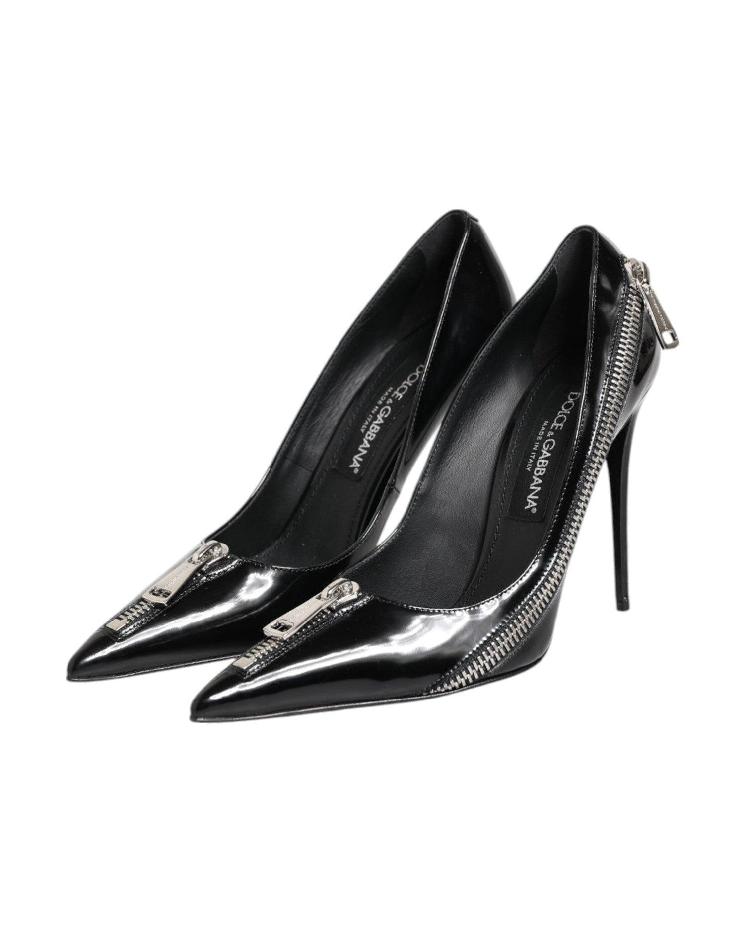 Dolce & Gabbana Black Leather Patent Zipper Heels Pumps Shoes Glam Steals