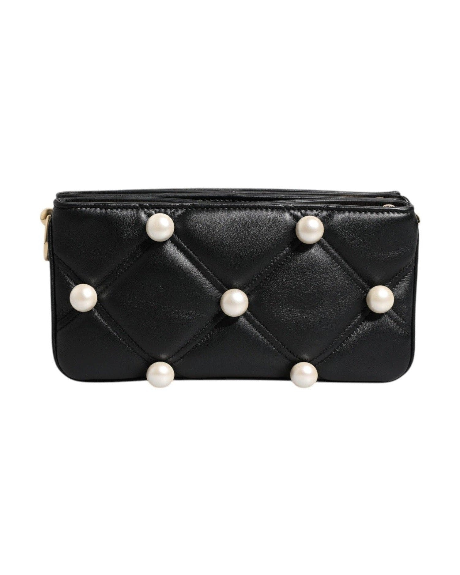 Dolce & Gabbana Leather Pearl Embellished Logo Shoulder Black Bag Glam Steals