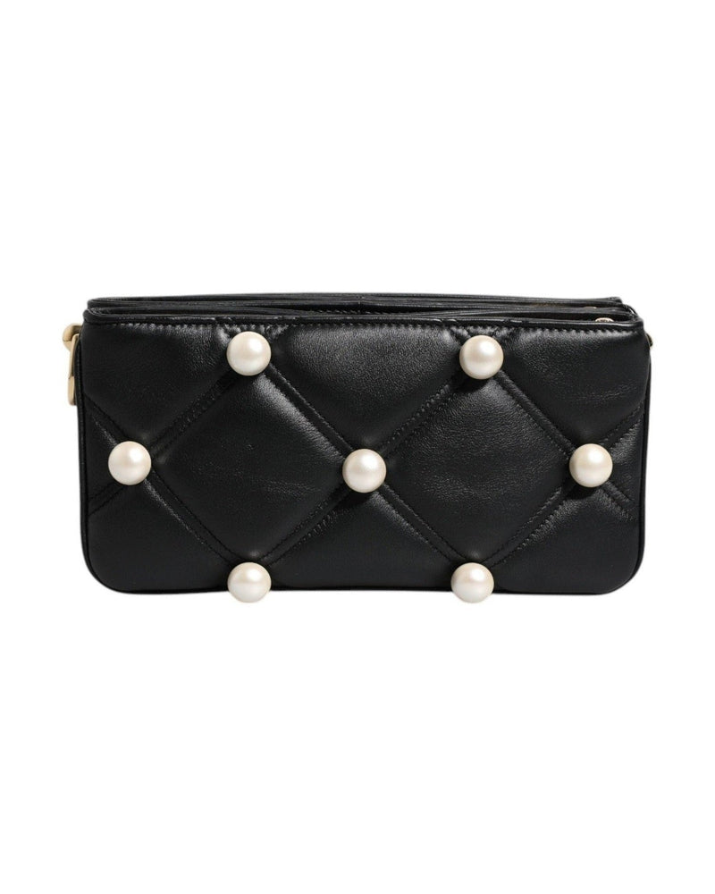 Dolce & Gabbana Leather Pearl Embellished Logo Shoulder Black Bag Glam Steals