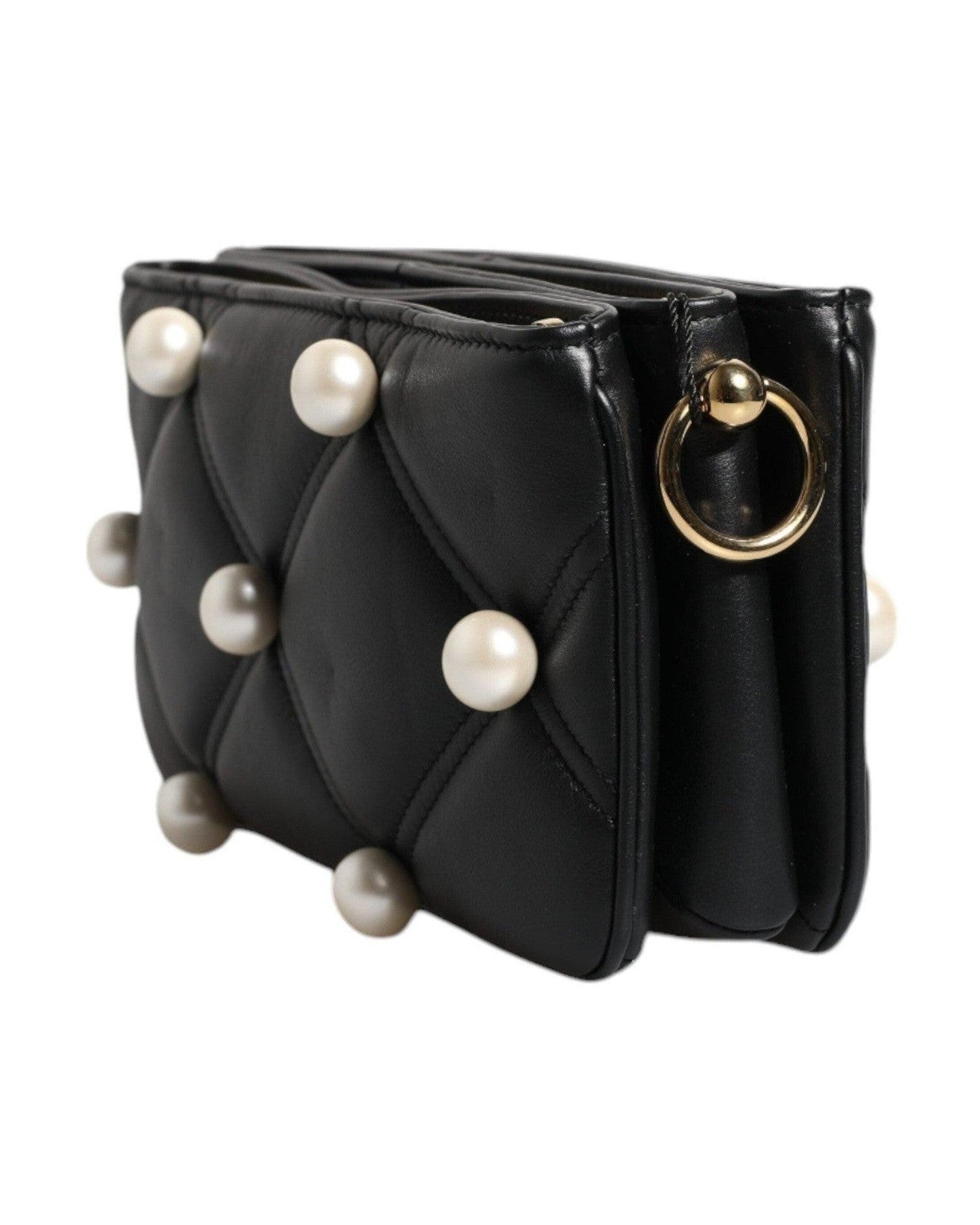 Dolce & Gabbana Leather Pearl Embellished Logo Shoulder Black Bag Glam Steals