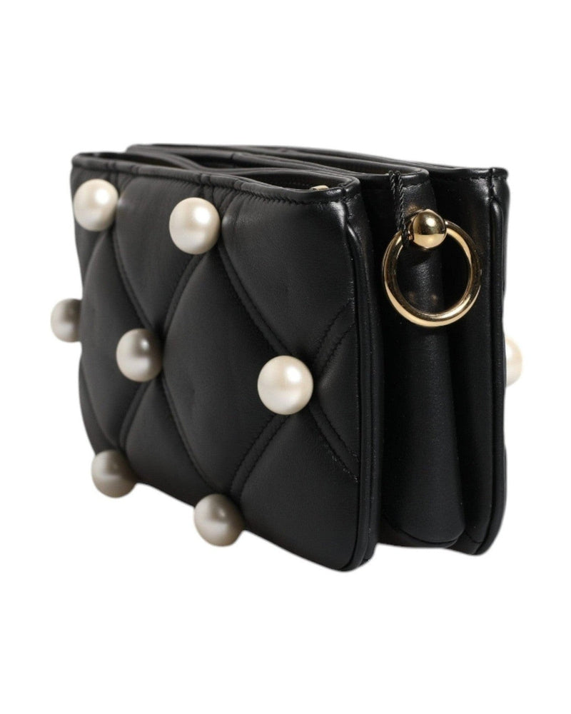 Dolce & Gabbana Leather Pearl Embellished Logo Shoulder Black Bag Glam Steals