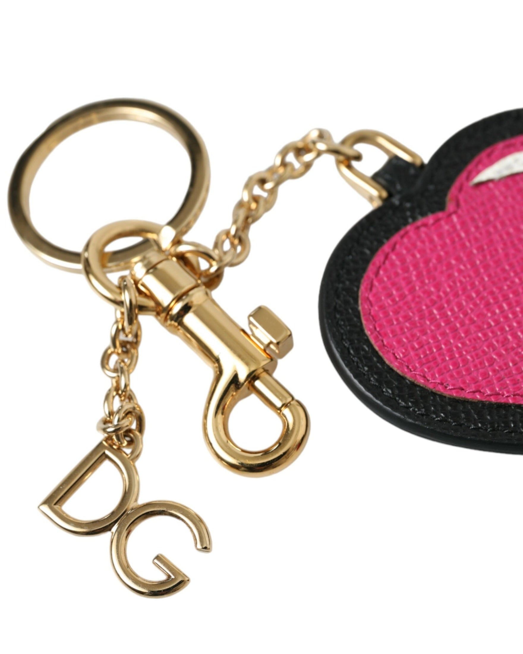 Dolce & Gabbana Black Leather Pink Heart Gold Tone Brass Keyring Keychain Glam Steals