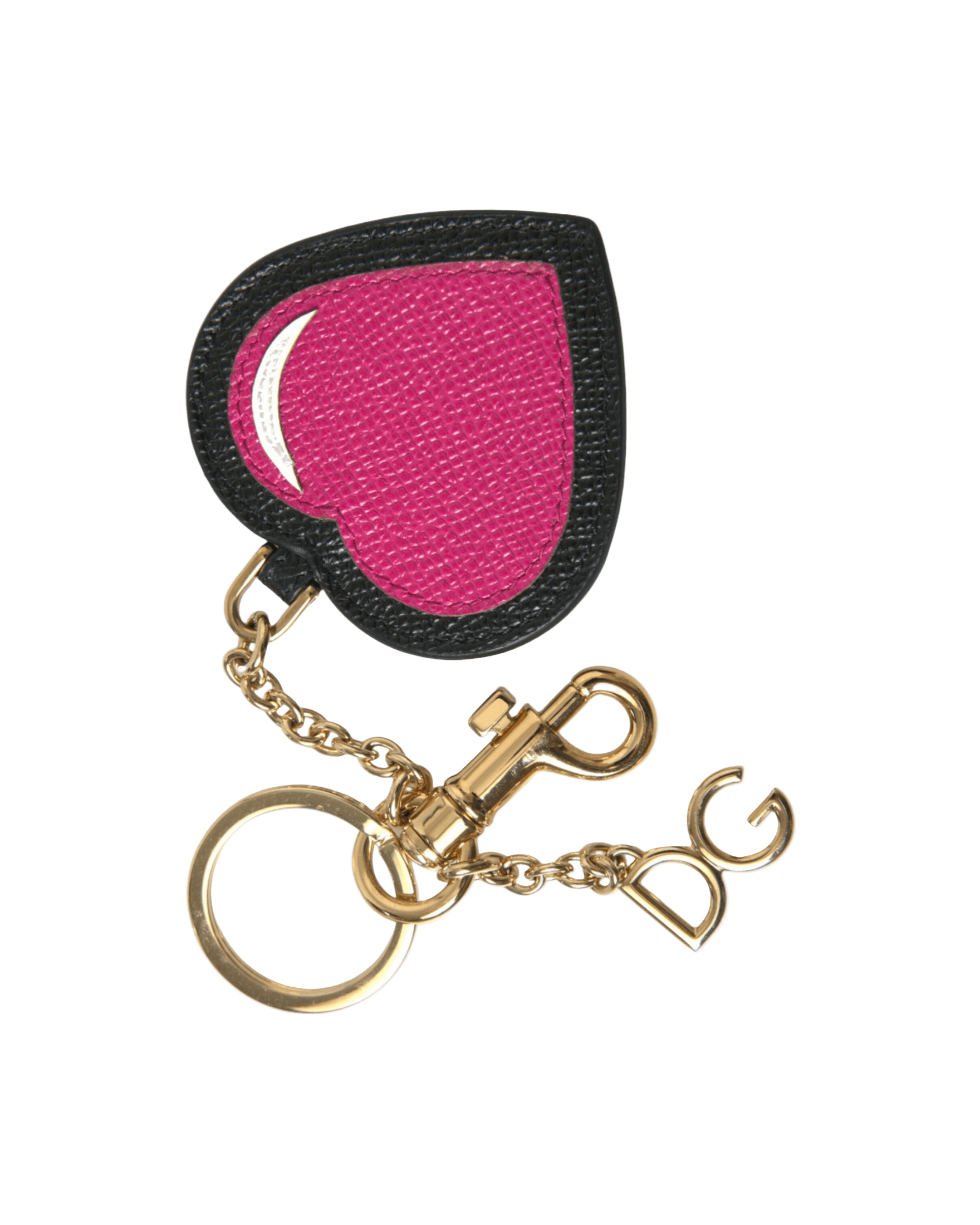 Dolce & Gabbana Black Leather Pink Heart Gold Tone Brass Keyring Keychain Glam Steals