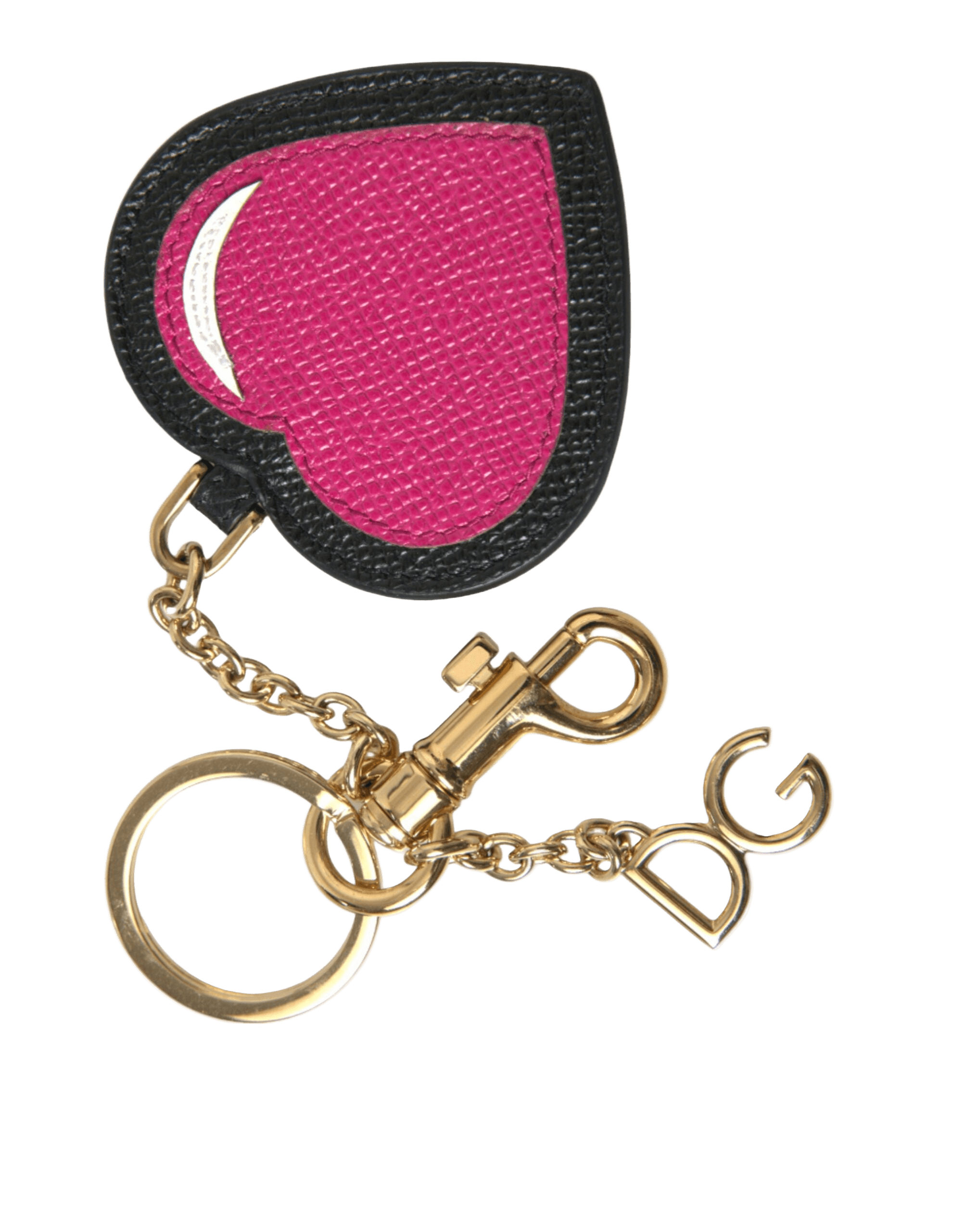 Dolce & Gabbana Black Leather Pink Heart Gold Tone Brass Keyring Keychain Glam Steals