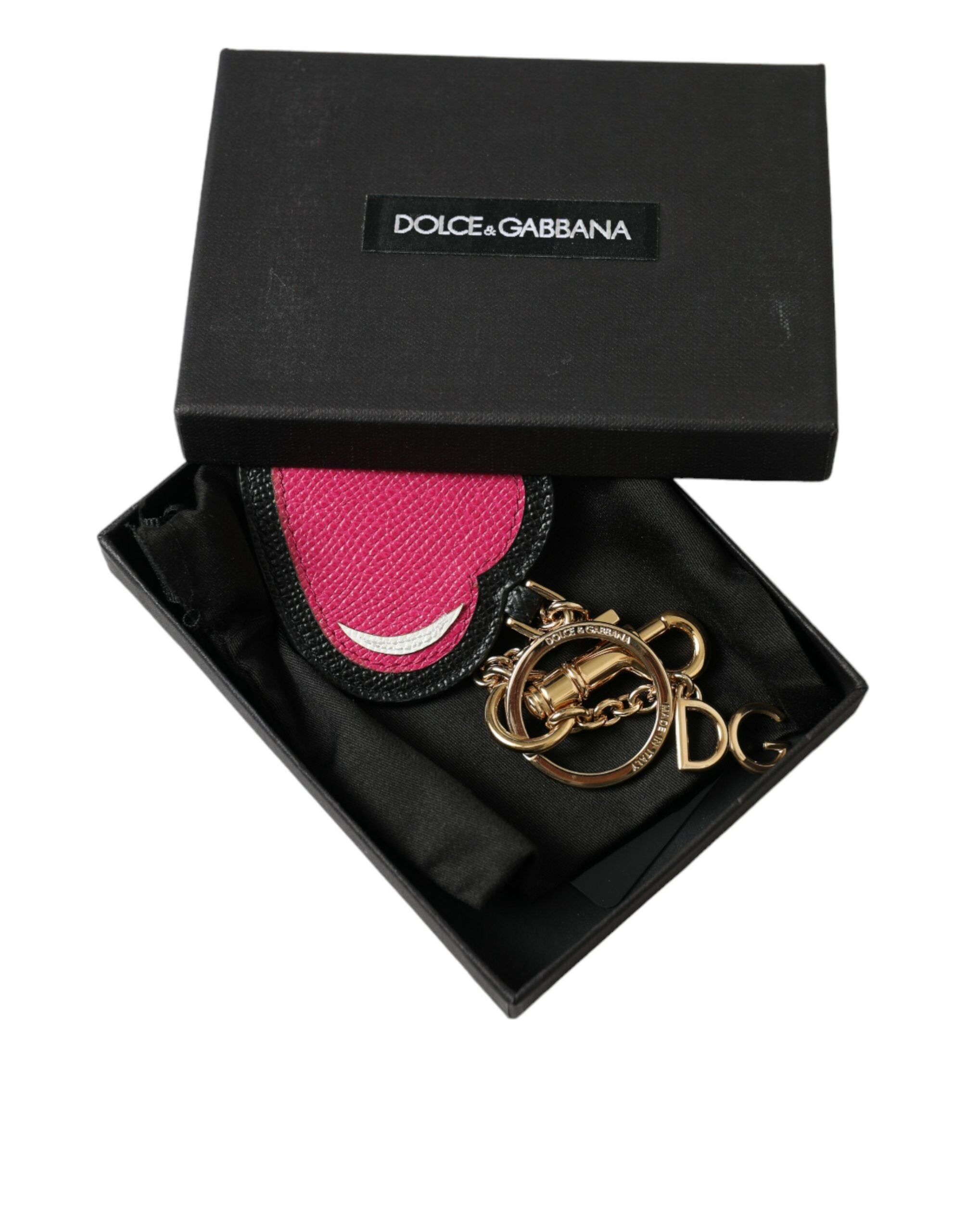 Dolce & Gabbana Black Leather Pink Heart Gold Tone Brass Keyring Keychain Glam Steals