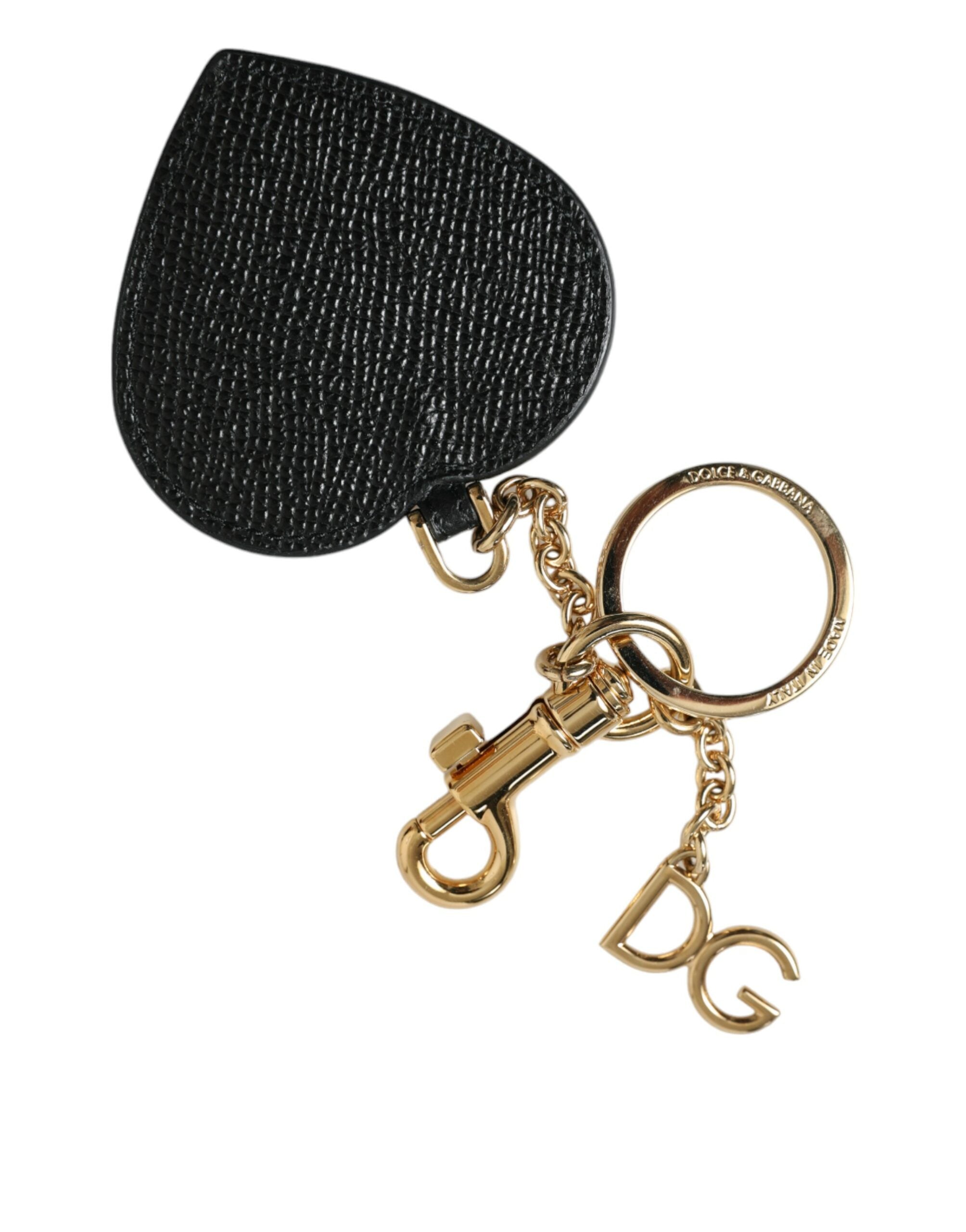 Dolce & Gabbana Black Leather Pink Heart Gold Tone Brass Keyring Keychain Glam Steals