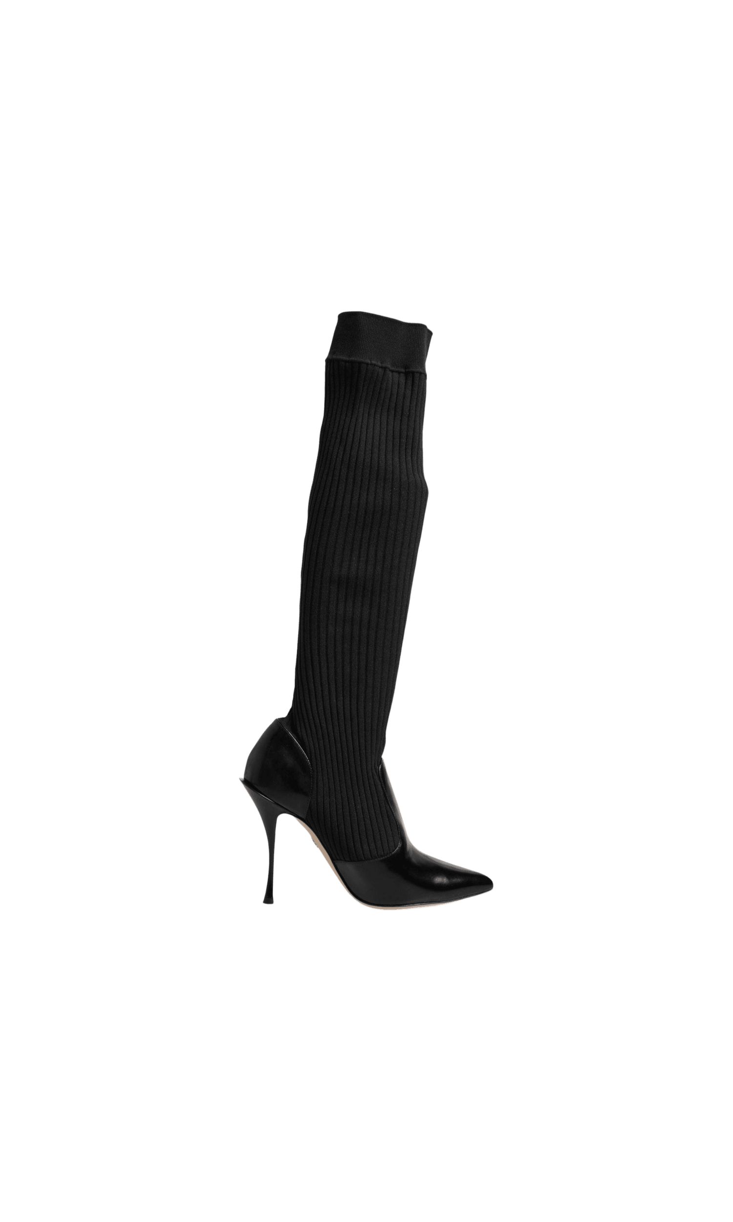 Dolce & Gabbana Black Leather Ribbed Knit Knee Boots Shoes Glam Steals