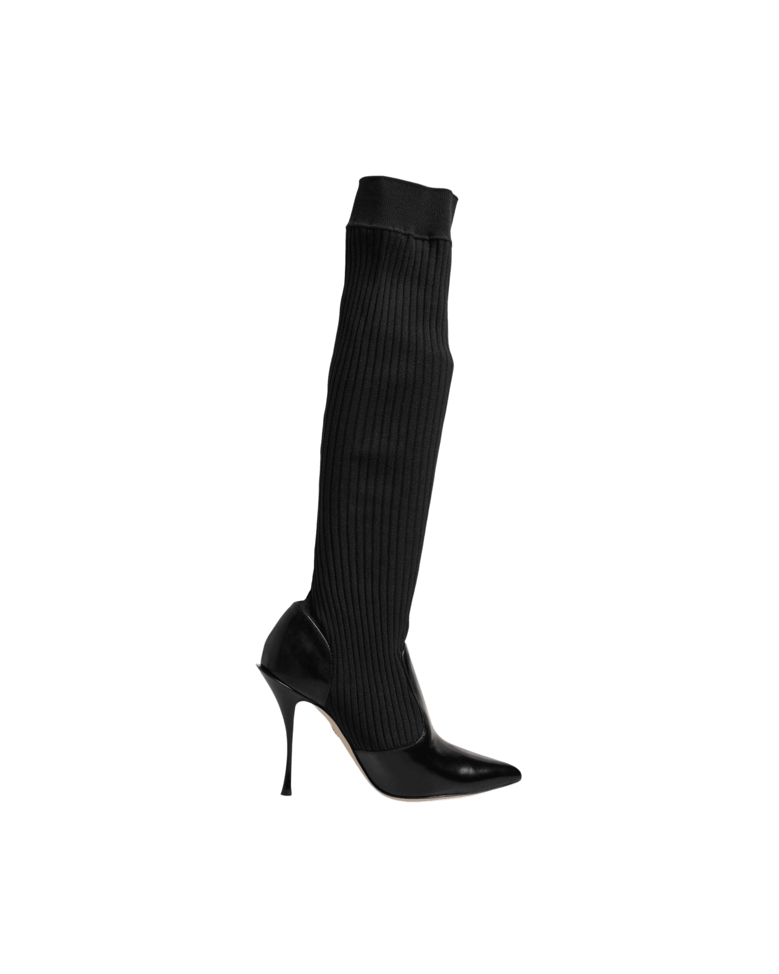 Dolce & Gabbana Black Leather Ribbed Knit Knee Boots Shoes Glam Steals