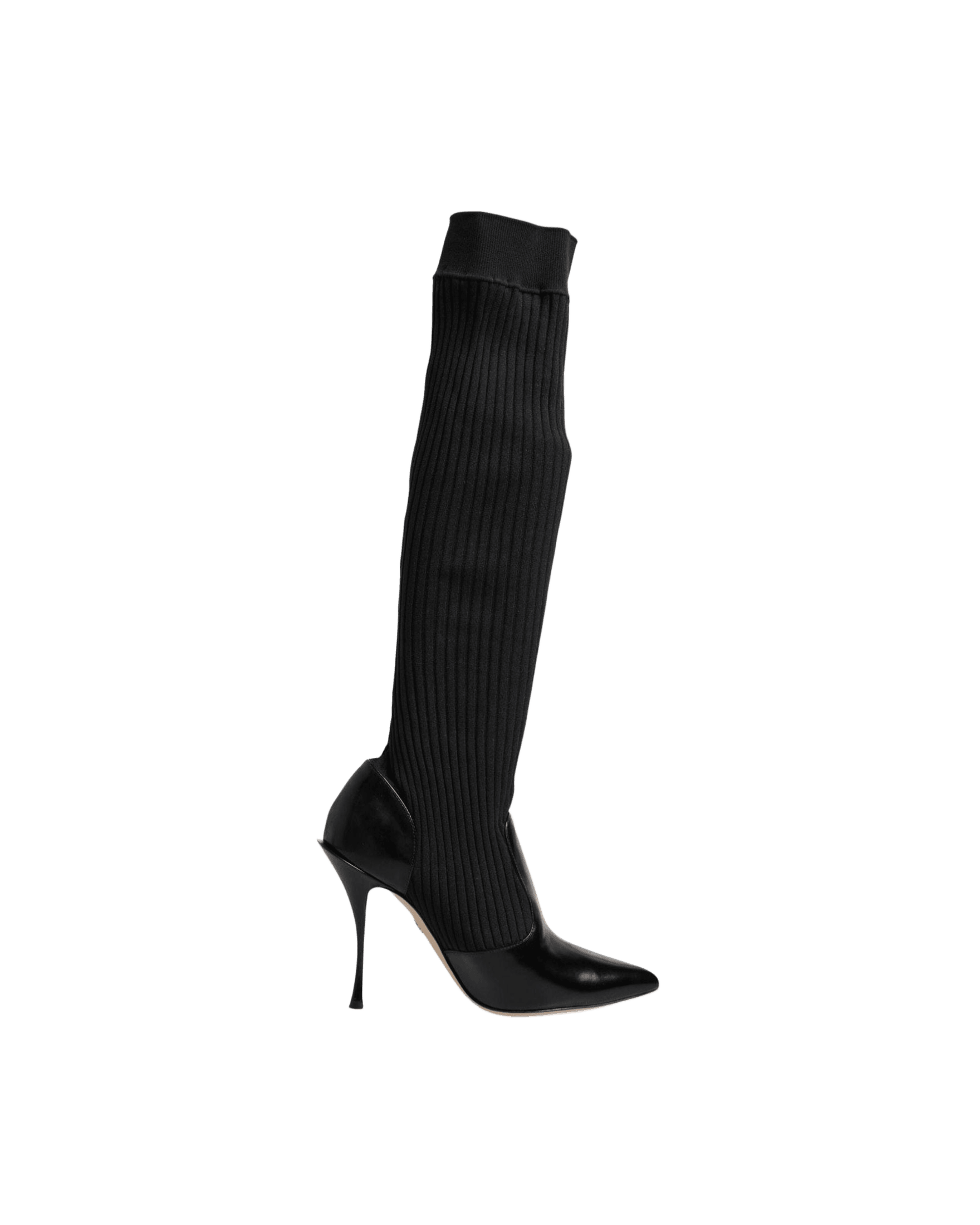 Dolce & Gabbana Black Leather Ribbed Knit Knee Boots Shoes Glam Steals