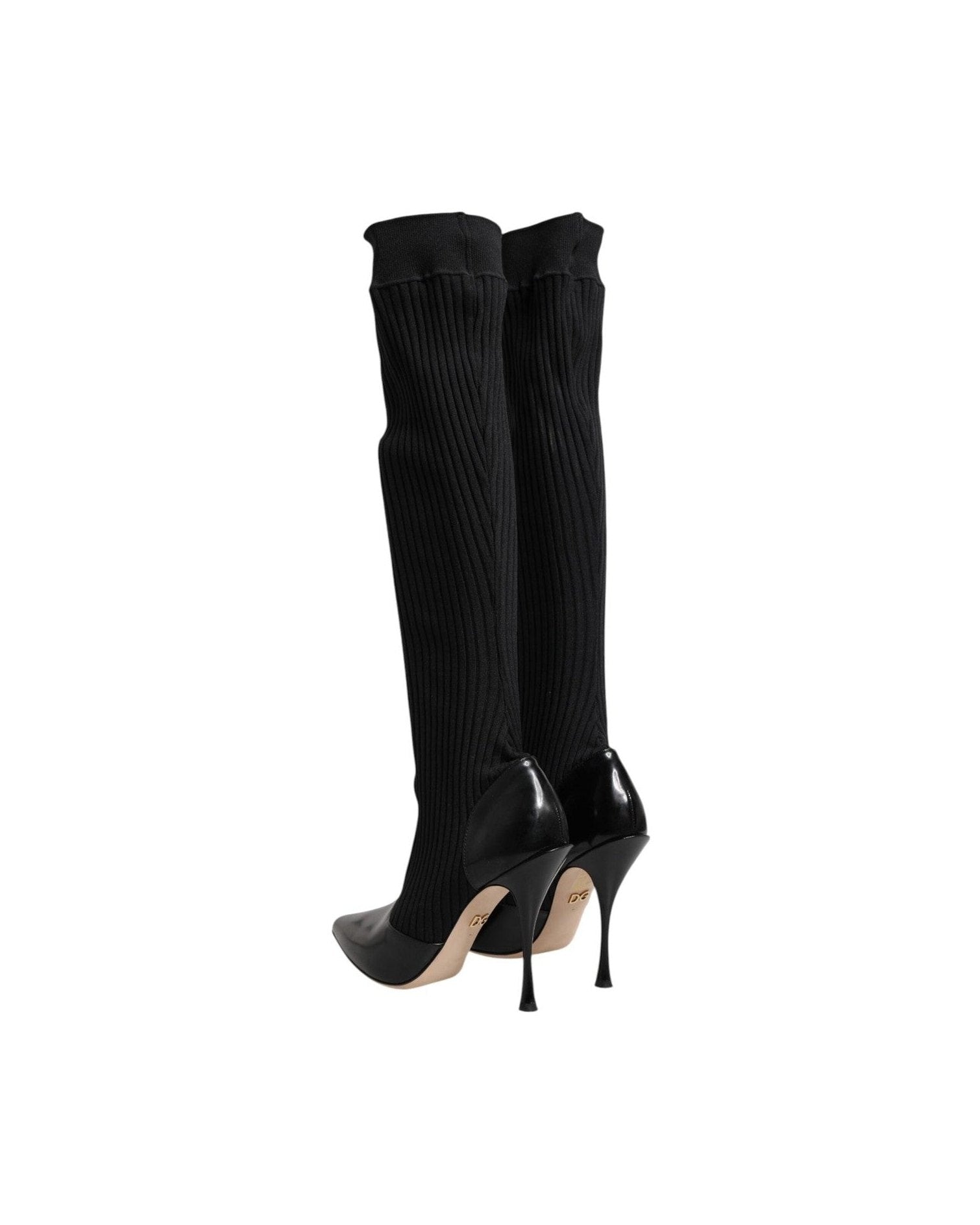 Dolce & Gabbana Black Leather Ribbed Knit Knee Boots Shoes Glam Steals
