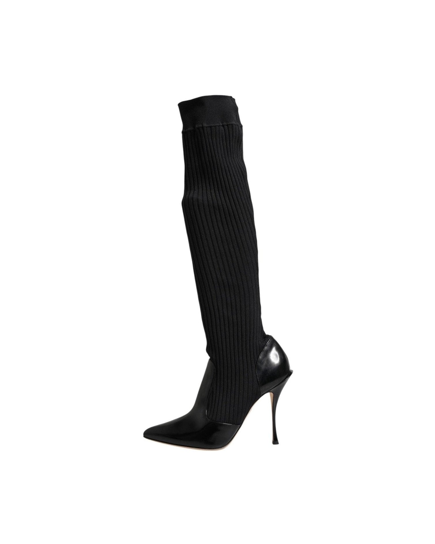 Dolce & Gabbana Black Leather Ribbed Knit Knee Boots Shoes Glam Steals