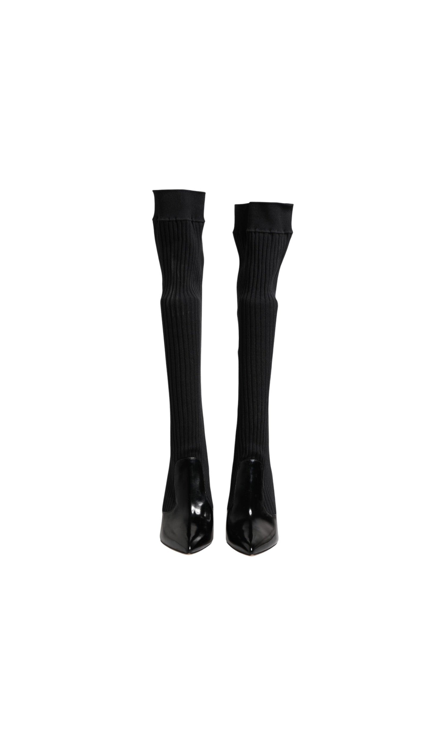 Dolce & Gabbana Black Leather Ribbed Knit Knee Boots Shoes Glam Steals