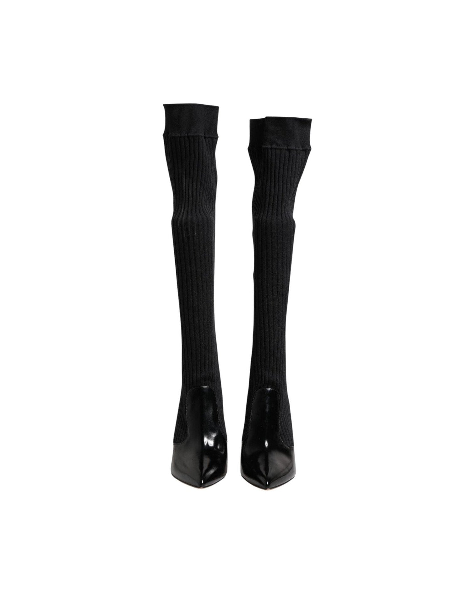 Dolce & Gabbana Black Leather Ribbed Knit Knee Boots Shoes Glam Steals