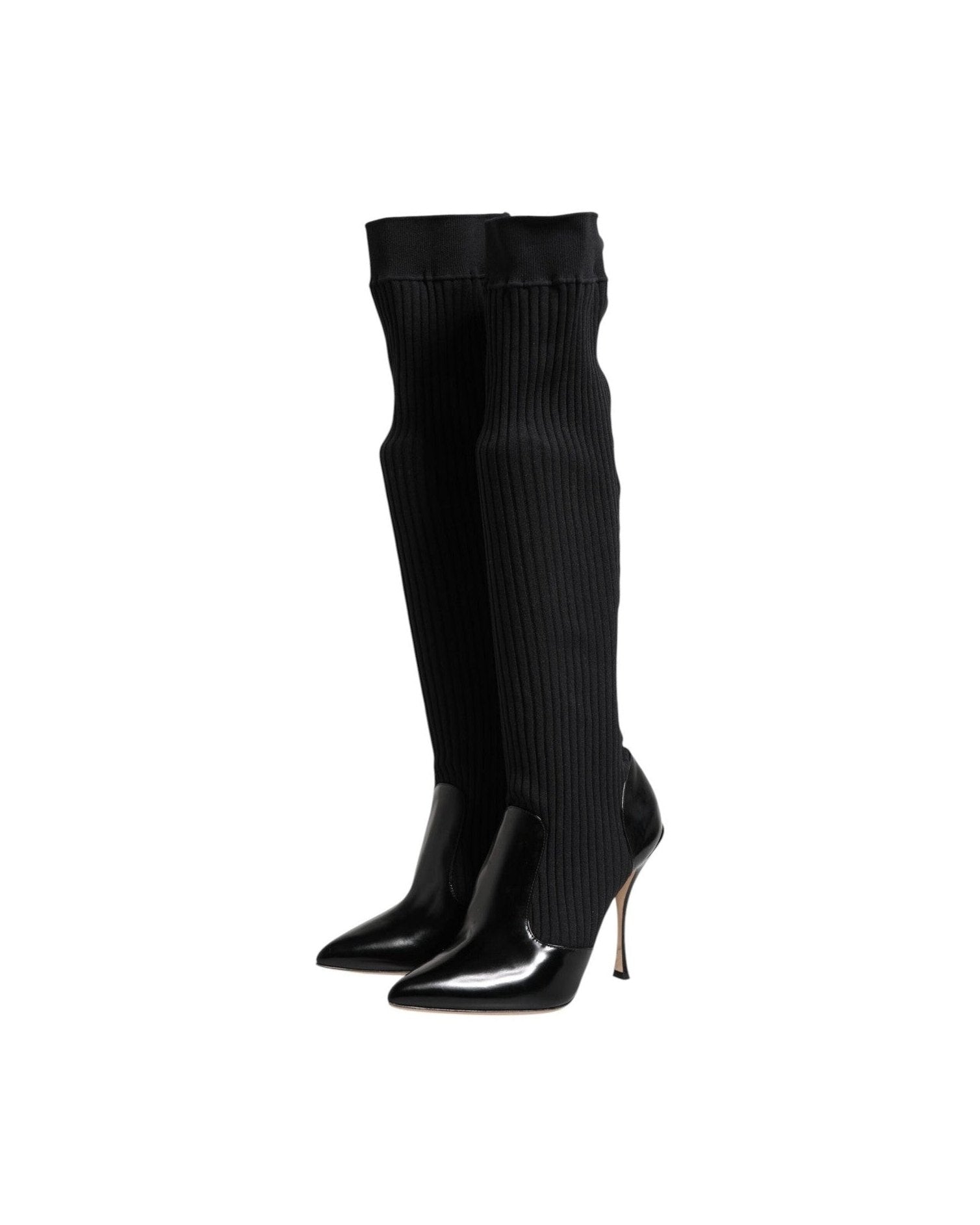 Dolce & Gabbana Black Leather Ribbed Knit Knee Boots Shoes Glam Steals