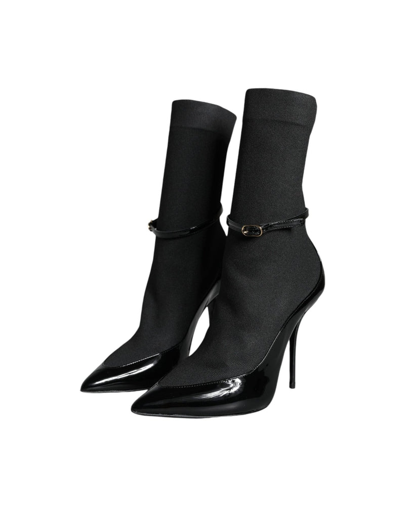 Dolce & Gabbana Black Leather Stilettos Booties Socks Shoes Boots