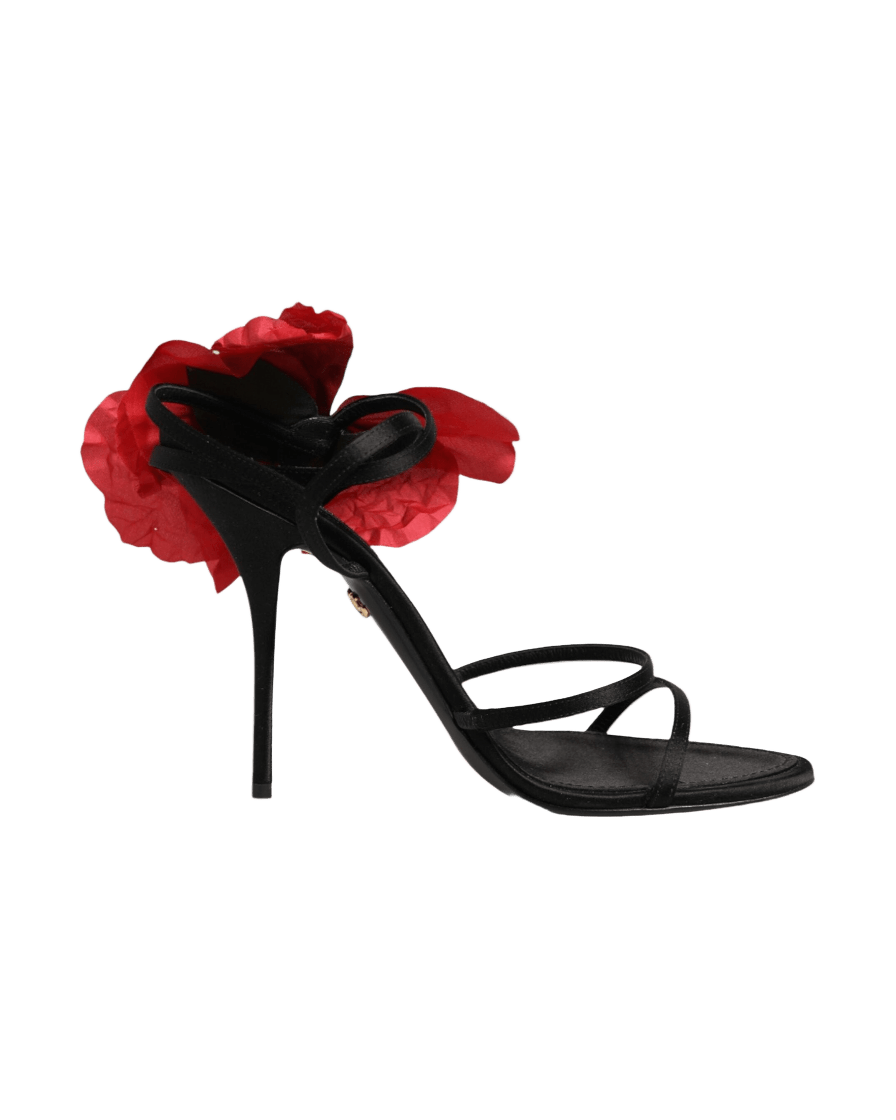 Dolce & Gabbana Black Leather Strappy Flower Heels Sandals Shoes Heels
