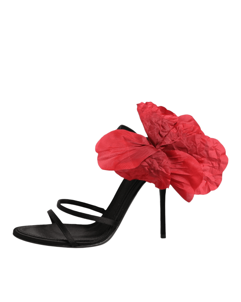 Dolce & Gabbana Black Leather Strappy Flower Heels Sandals Shoes Glam Steals